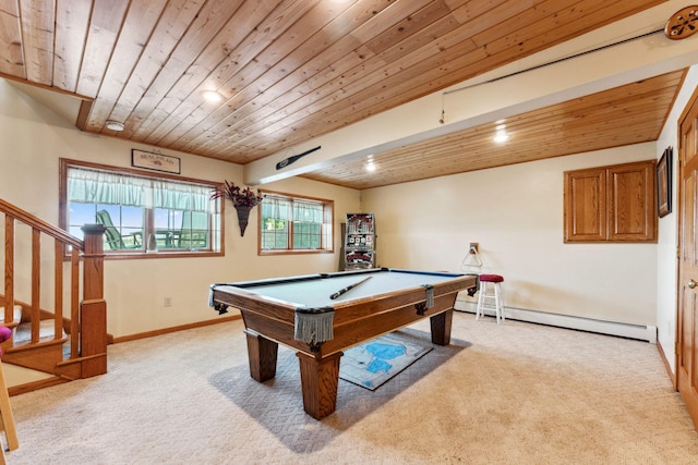 1823 313th Ave NE, Isanti Twp, MN 55008 - game room featuring wooden ceiling, light carpet, a baseboard radiator, pool table, and recessed lighting