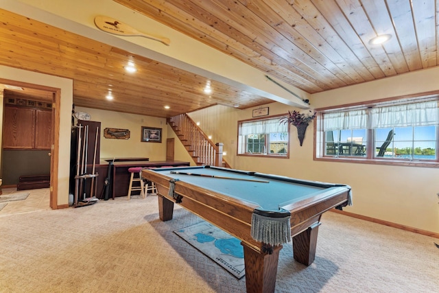 1823 313th Ave NE, Isanti Twp, MN 55008 - recreation room featuring carpet flooring, billiards, recessed lighting, wooden ceiling, and baseboards
