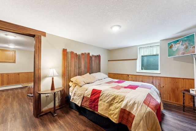 1823 313th Ave NE, Isanti Twp, MN 55008 - bedroom with wood finished floors, wood walls, a textured ceiling, a wainscoted wall, and a baseboard heating unit