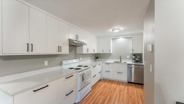 305 Arcadian Pl Unit 1, Buffalo, MN 55313 - kitchen featuring white electric range oven, stainless steel dishwasher, a sink, under cabinet range hood, and light countertops