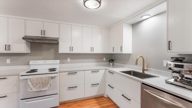 305 Arcadian Pl Unit 1, Buffalo, MN 55313 - kitchen featuring electric stove, stainless steel dishwasher, a sink, under cabinet range hood, and white cabinetry
