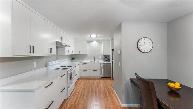 305 Arcadian Pl Unit 1, Buffalo, MN 55313 - kitchen with white electric range oven, dishwasher, under cabinet range hood, a sink, and light countertops
