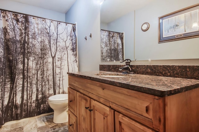 bathroom featuring toilet, vanity, marble finish floors, and a shower with curtain