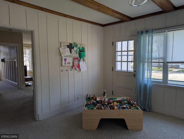 532 Main St S, Sauk Centre, MN 56378 - game room featuring light colored carpet, beamed ceiling, healthy amount of natural light, and a decorative wall