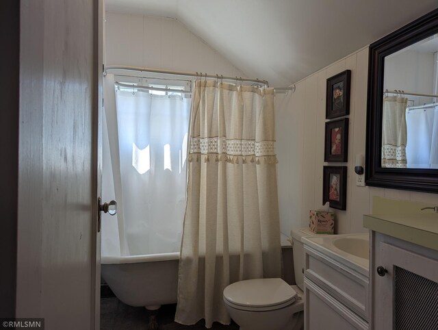 532 Main St S, Sauk Centre, MN 56378 - full bathroom with lofted ceiling, vanity, toilet, and shower / bath combination with curtain