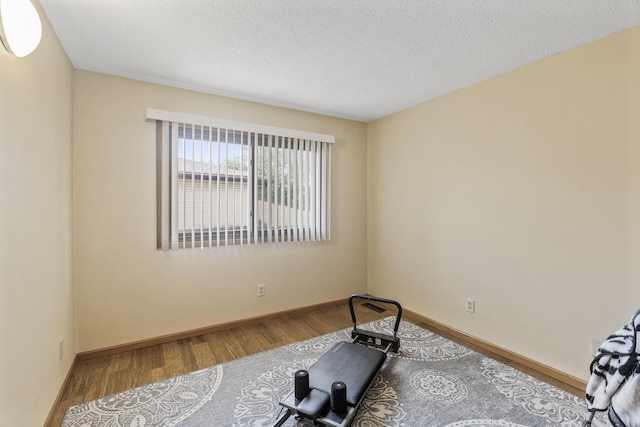 exercise area featuring wood finished floors, baseboards, and a textured ceiling