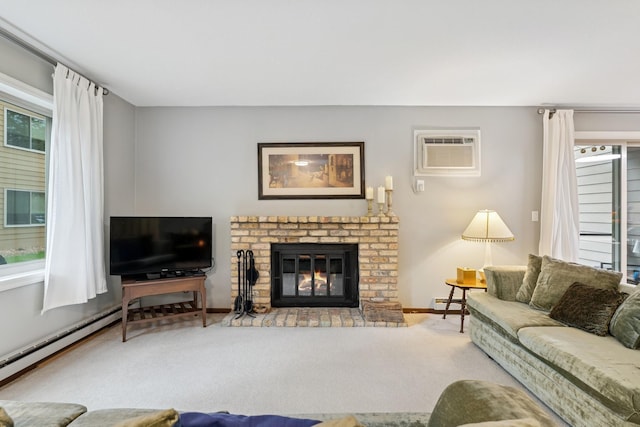 2250 Ridge Dr Unit 11, Saint Louis Park, MN 55416 - living area with a wall mounted AC, a brick fireplace, carpet, and baseboards