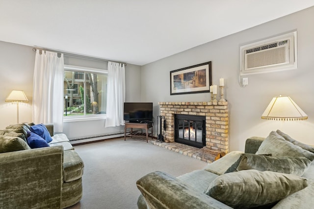 2250 Ridge Dr Unit 11, Saint Louis Park, MN 55416 - carpeted living room featuring baseboard heating, a brick fireplace, and a wall mounted air conditioner