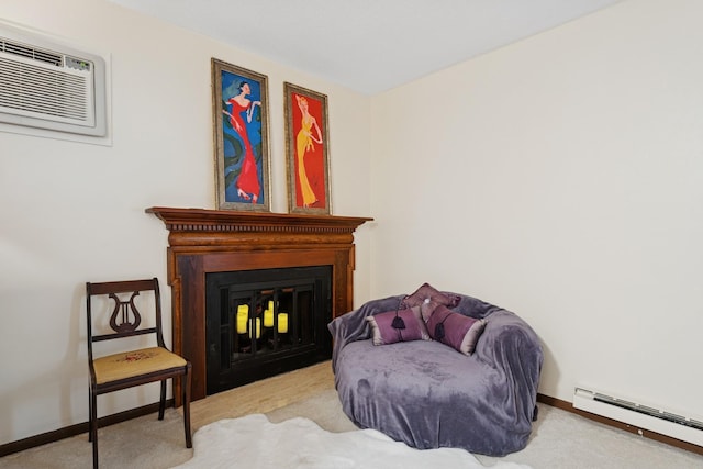 2250 Ridge Dr Unit 11, Saint Louis Park, MN 55416 - living area featuring baseboard heating, a wall mounted air conditioner, carpet floors, a glass covered fireplace, and baseboards