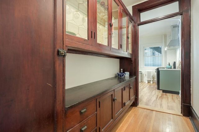 corridor with light wood-style floors and radiator heating unit