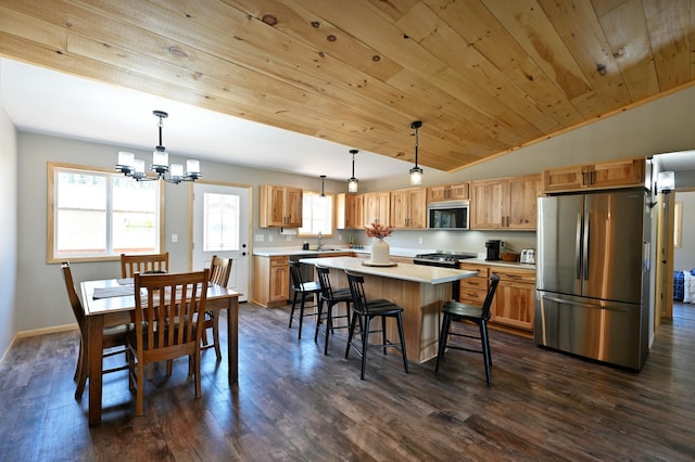 28257 French Rd, Danbury, WI 54830 - dining room with lofted ceiling, dark wood-type flooring, wood ceiling, a chandelier, and baseboards