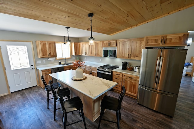 28257 French Rd, Danbury, WI 54830 - kitchen featuring appliances with stainless steel finishes, wooden ceiling, vaulted ceiling, dark wood-type flooring, and decorative light fixtures
