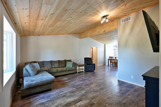28257 French Rd, Danbury, WI 54830 - living room featuring wooden ceiling, dark wood-style floors, and baseboards