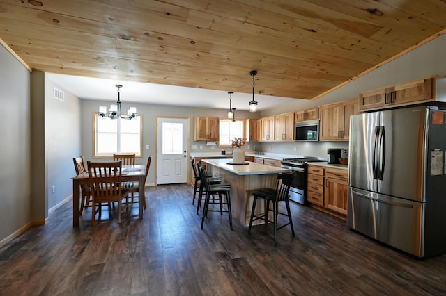28257 French Rd, Danbury, WI 54830 - kitchen with appliances with stainless steel finishes, wooden ceiling, light countertops, a kitchen island, and a kitchen bar