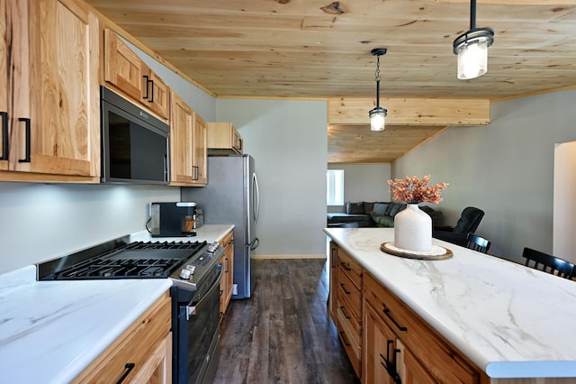28257 French Rd, Danbury, WI 54830 - kitchen with appliances with stainless steel finishes, wood ceiling, dark wood-style floors, open floor plan, and hanging light fixtures