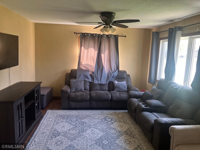 living room with a ceiling fan, wood finished floors, and a textured ceiling