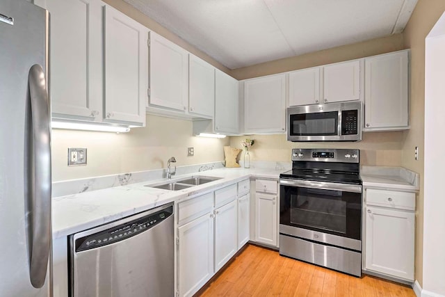 kitchen with appliances with stainless steel finishes, a sink, white cabinets, and light wood-style floors