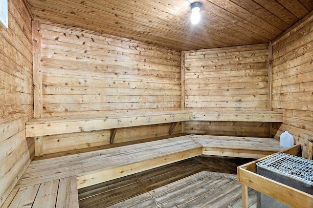 relaxing sauna / steam room with wood walls and wooden ceiling