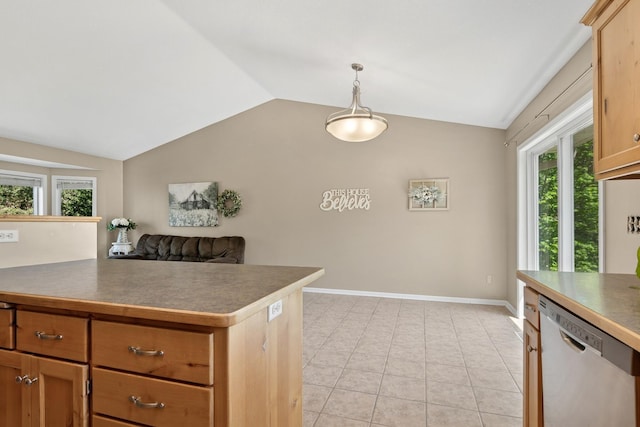 23141 Hilo Ave N, Forest Lake, MN 55025 - kitchen with dishwashing machine, lofted ceiling, baseboards, light tile patterned flooring, and pendant lighting