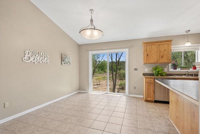 23141 Hilo Ave N, Forest Lake, MN 55025 - kitchen with dishwasher, plenty of natural light, lofted ceiling, pendant lighting, and a sink