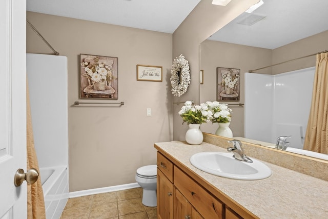 23141 Hilo Ave N, Forest Lake, MN 55025 - full bathroom with toilet, vanity, tile patterned flooring, baseboards, and shower / bath combination with curtain