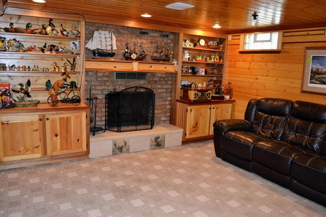 109 Eagle Lake Dr, Maple Grove, MN 55369 - living room with wooden ceiling, wood walls, a brick fireplace, and light carpet