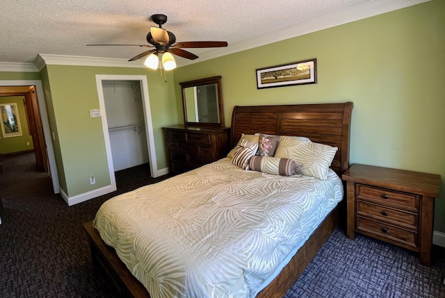 109 Eagle Lake Dr, Maple Grove, MN 55369 - bedroom with crown molding, carpet flooring, a textured ceiling, a closet, and ceiling fan
