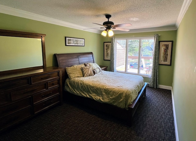 109 Eagle Lake Dr, Maple Grove, MN 55369 - bedroom featuring dark carpet, ornamental molding, a textured ceiling, ceiling fan, and baseboards