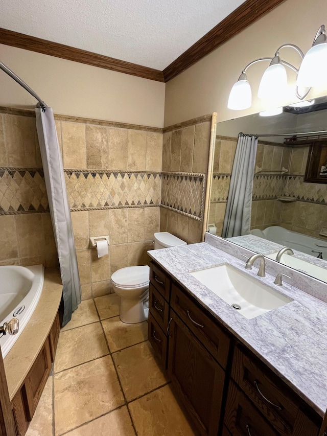 109 Eagle Lake Dr, Maple Grove, MN 55369 - full bathroom featuring tile walls, crown molding, toilet, tile patterned flooring, and a textured ceiling