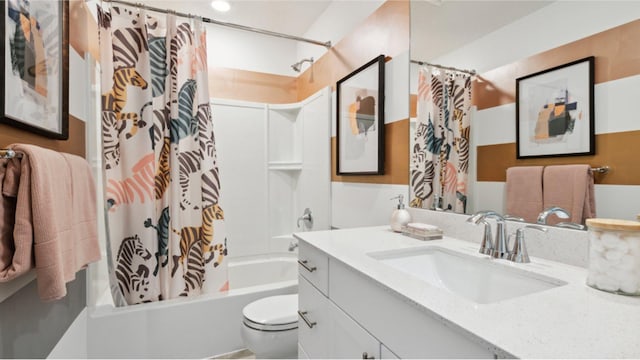 full bathroom with shower / bathtub combination with curtain, toilet, and vanity