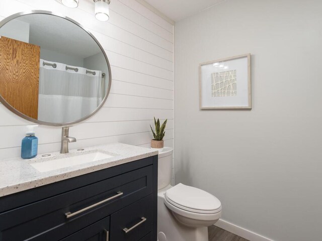 71156 Csah 18, Collinwood Twp, MN 55325 - full bathroom featuring vanity, toilet, wood finished floors, wooden walls, and baseboards