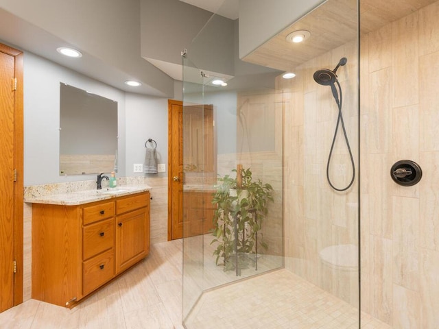 71156 Csah 18, Collinwood Twp, MN 55325 - full bathroom featuring a walk in shower, vanity, recessed lighting, and tile patterned floors