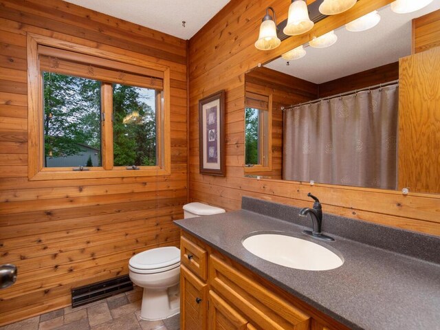 71156 Csah 18, Collinwood Twp, MN 55325 - full bath featuring wooden walls, vanity, toilet, stone finish floors, and a shower with shower curtain