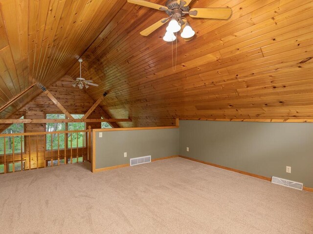 71156 Csah 18, Collinwood Twp, MN 55325 - bonus room with ceiling fan, carpet floors, baseboards, vaulted ceiling, and wood ceiling