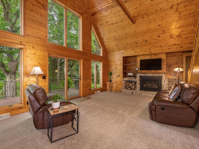 71156 Csah 18, Collinwood Twp, MN 55325 - living area featuring high vaulted ceiling, wood walls, carpet, a fireplace, and wooden ceiling with exposed beams
