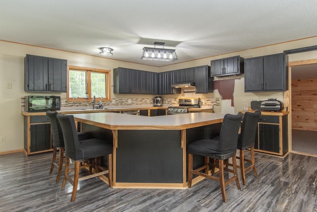 51850 Scenic Hwy Unit 7, Bigfork, MN 56628 - kitchen featuring dark wood-style floors, stainless steel gas stove, a sink, light countertops, and black microwave