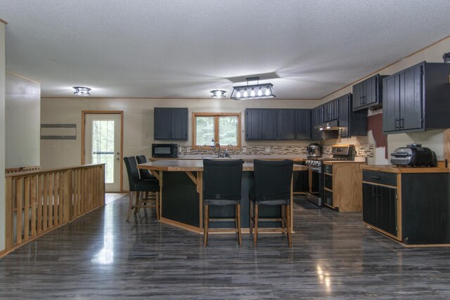 51850 Scenic Hwy Unit 7, Bigfork, MN 56628 - kitchen with stainless steel gas range oven, dark wood-style flooring, a kitchen bar, light countertops, and backsplash