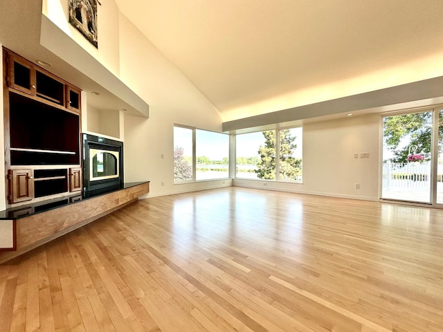 1976 Bay St, Worthington, MN 56187 - unfurnished living room featuring light wood finished floors, baseboards, and high vaulted ceiling