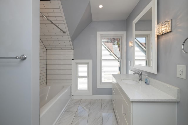 full bath with marble finish floors, a bath, vanity, baseboards, and a shower