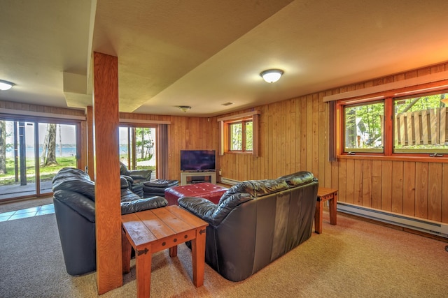 27166 Hersant Rd, Meenon Twp, WI 54893 - carpeted living area with a baseboard radiator and wood walls