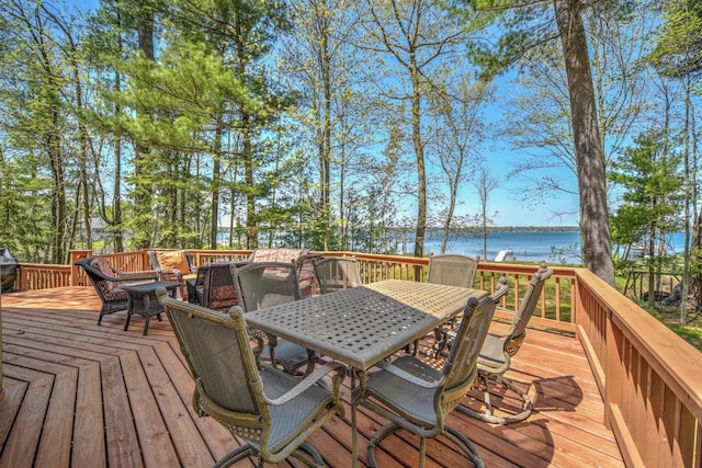 27166 Hersant Rd, Meenon Twp, WI 54893 - wooden terrace featuring outdoor dining area and a water view