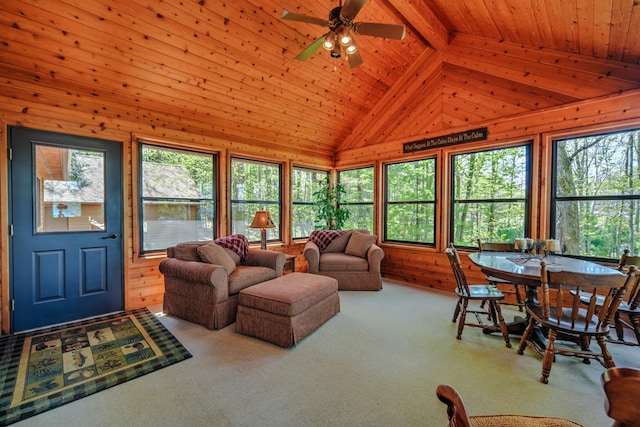 27166 Hersant Rd, Meenon Twp, WI 54893 - carpeted living room with wooden walls, wood ceiling, and ceiling fan