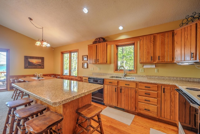 27166 Hersant Rd, Meenon Twp, WI 54893 - kitchen with a sink, dishwasher, white electric range oven, a textured ceiling, and vaulted ceiling