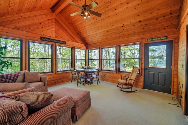 27166 Hersant Rd, Meenon Twp, WI 54893 - sunroom featuring wooden walls, wooden ceiling, and carpet flooring