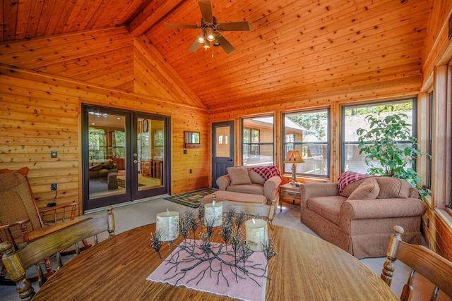 27166 Hersant Rd, Meenon Twp, WI 54893 - living room with ceiling fan, wood walls, and wooden ceiling