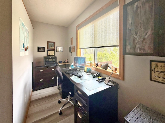 home office with light wood-style floors
