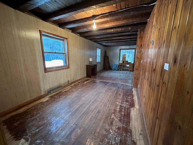 5535 Wahlsten Rd, Embarrass, MN 55732 - unfurnished living room featuring wood-type flooring, beam ceiling, and wood walls
