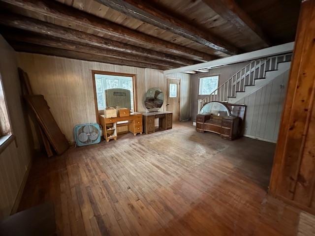 5535 Wahlsten Rd, Embarrass, MN 55732 - living area featuring wood-type flooring, beamed ceiling, stairs, wood walls, and wooden ceiling