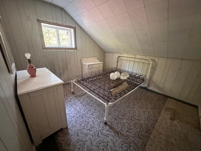 5535 Wahlsten Rd, Embarrass, MN 55732 - additional living space with lofted ceiling, carpet flooring, and wooden walls