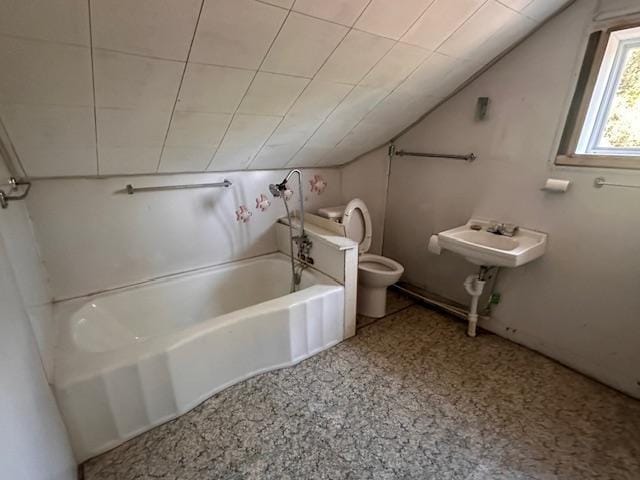 5535 Wahlsten Rd, Embarrass, MN 55732 - bathroom featuring toilet, lofted ceiling, a bathtub, and a sink